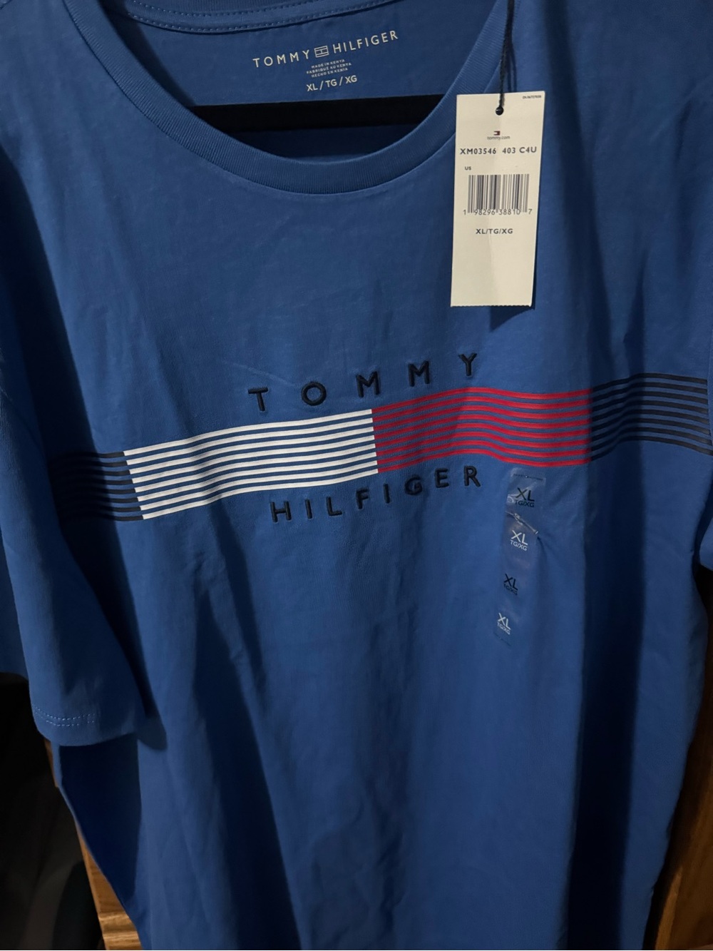 Tommy Hilfiger Royal Blue Short Sleeve Logo Tee with Red & White Stripe